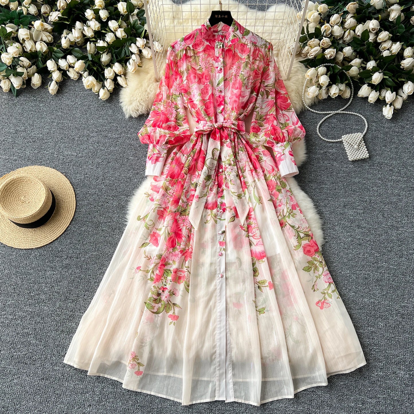 Retro Print o neck lool sleeve sashes Single Breasted Dress A-line Casual High Waist Women Summer chiffon Dresses