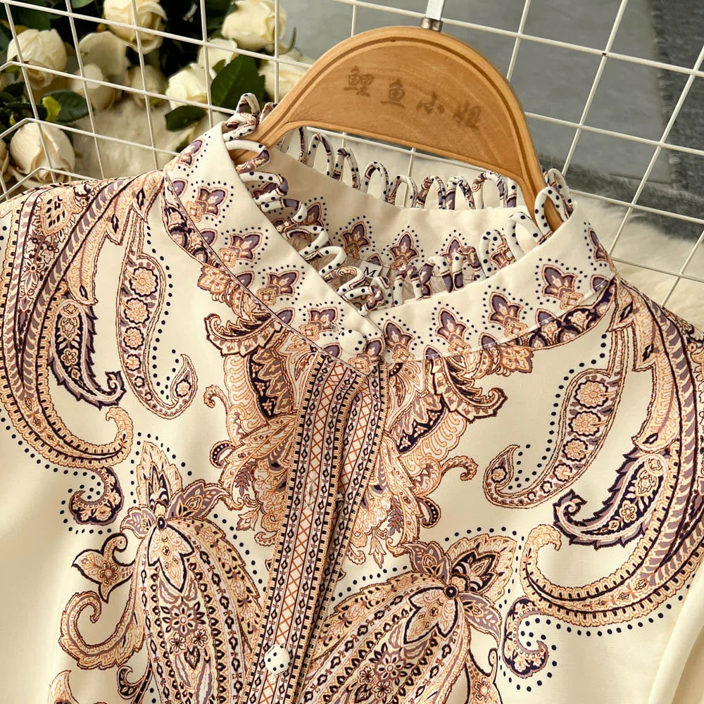 Spring Autumn Retro Long Dress Women Standing Neck Flared Sleeve Printed Party Dresses Ladies Slim A-line Court Style Long Robe