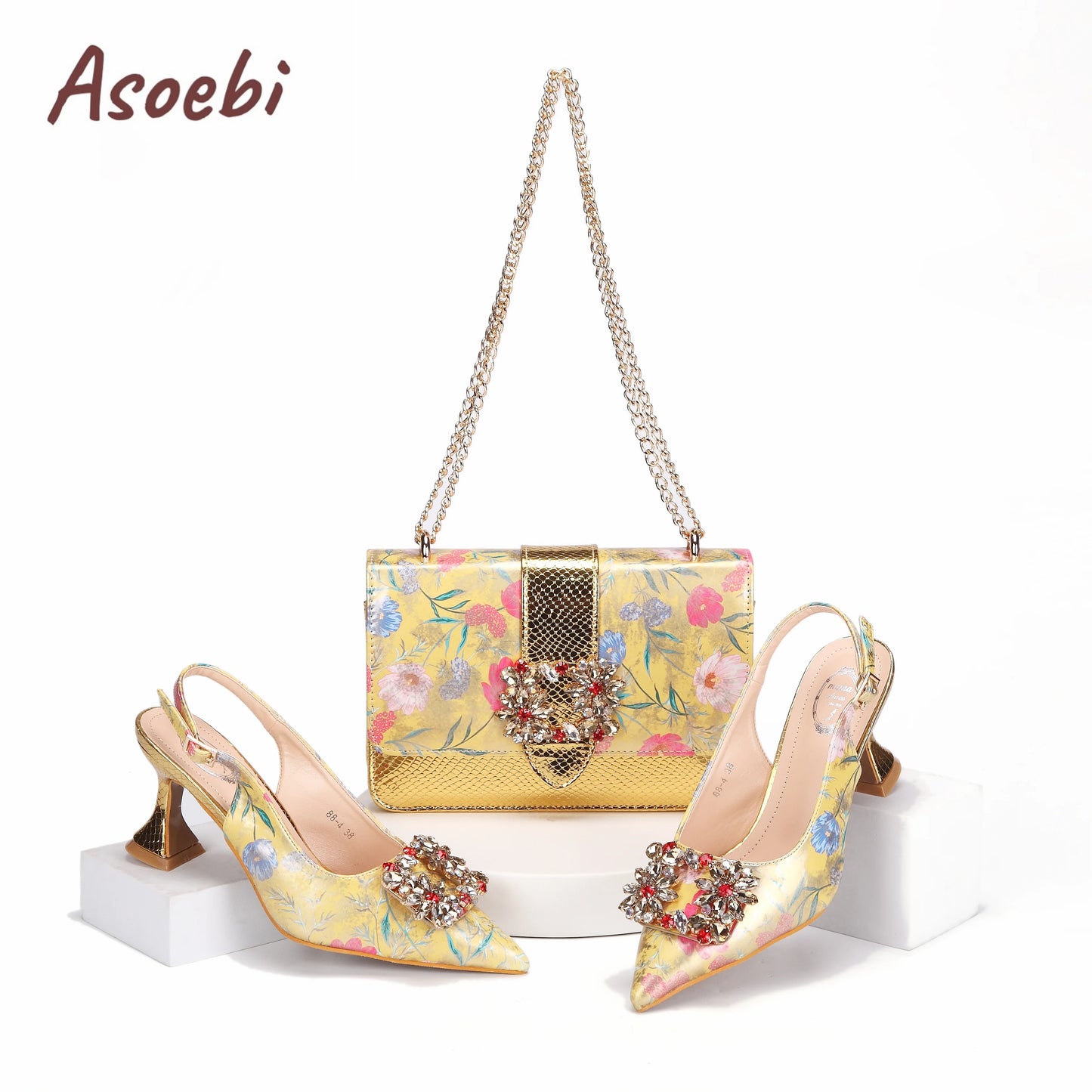 Women High Heels Sandals Printing Flower Material with Rhinestone Italian Design Coffee Color Pointed Toe Shoes and Bags Set