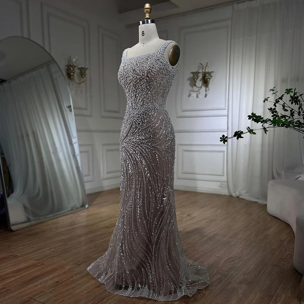 Serene Hill White Nude Spaghetti Strap Mermaid Evening Dresses Gowns Luxury Pearls Beaded For Women Wedding Party 2024 LA72266