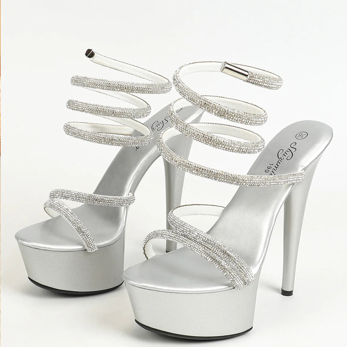 Sexy Ankle Strap Summer Sandals Women Party High Heels Black Platform Bling Diamond Stilettos 15CM Luxury Rhinestone Model Shoes