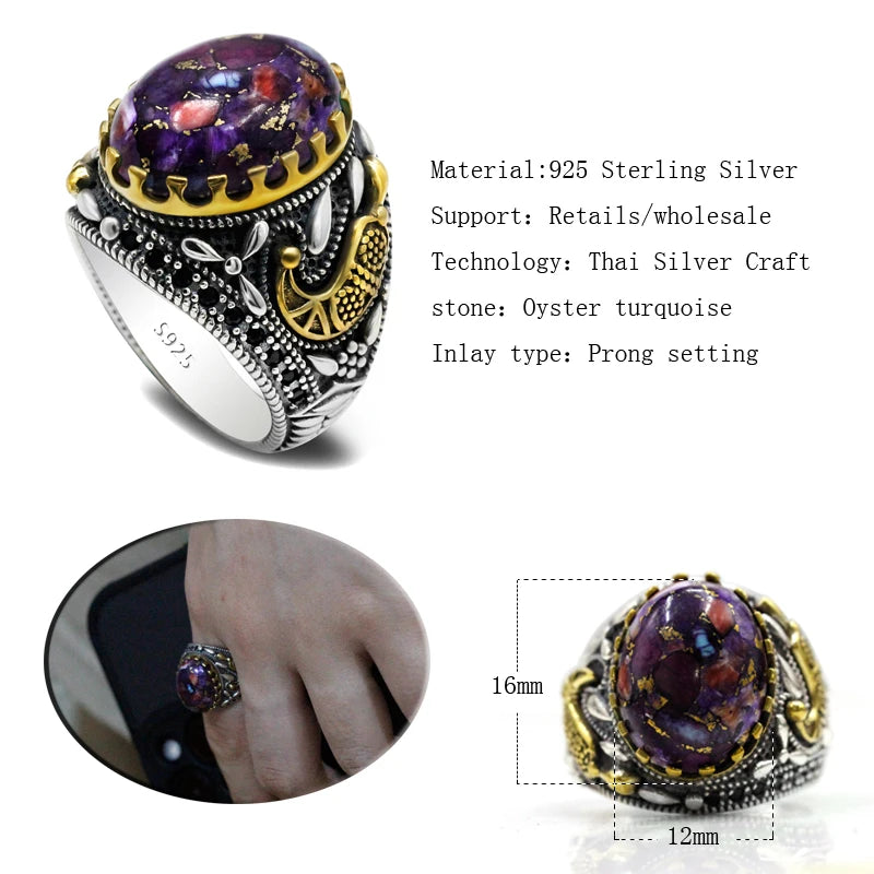 S925 Sterling Silver Oyster Turquoise Türkiye Handmade Men's Ring Muslim Islamic Women Purple Festival Jewelry Gift