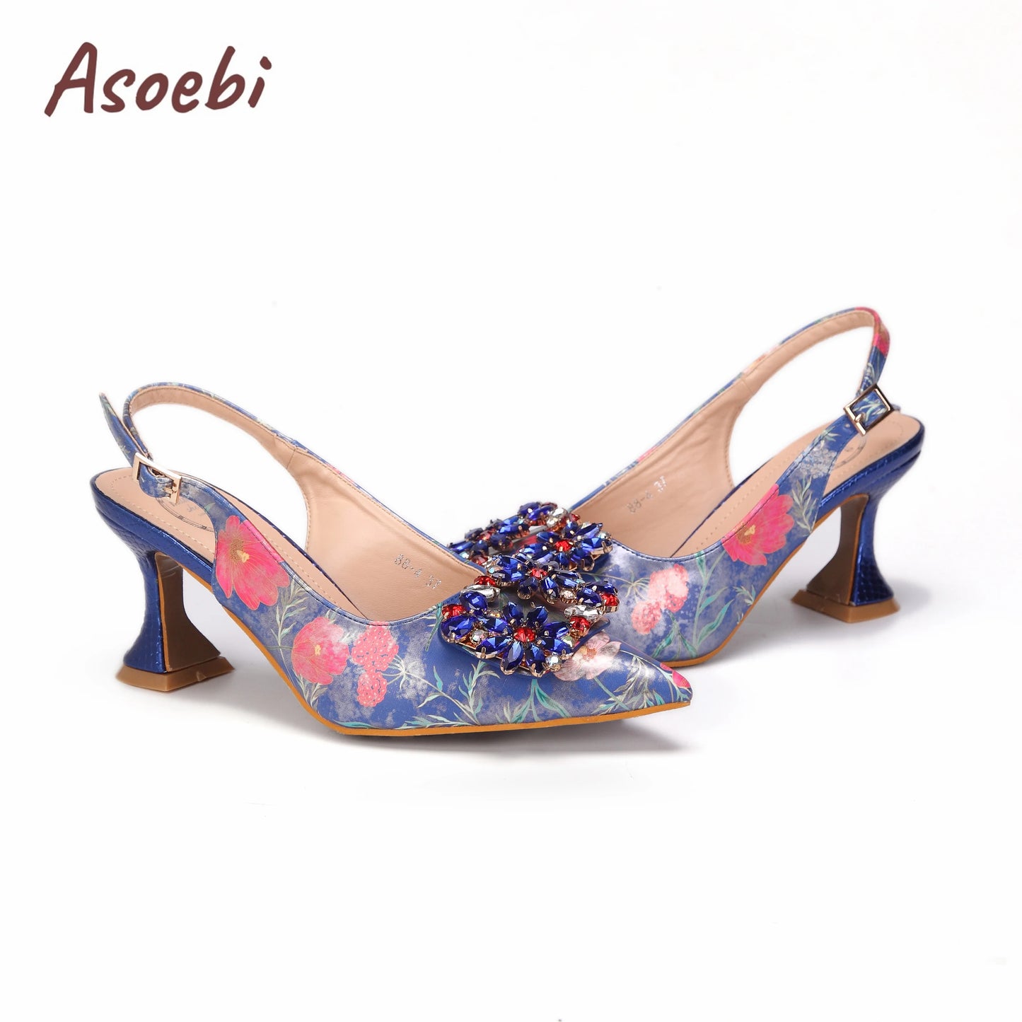Women High Heels Sandals Printing Flower Material with Rhinestone Italian Design Coffee Color Pointed Toe Shoes and Bags Set