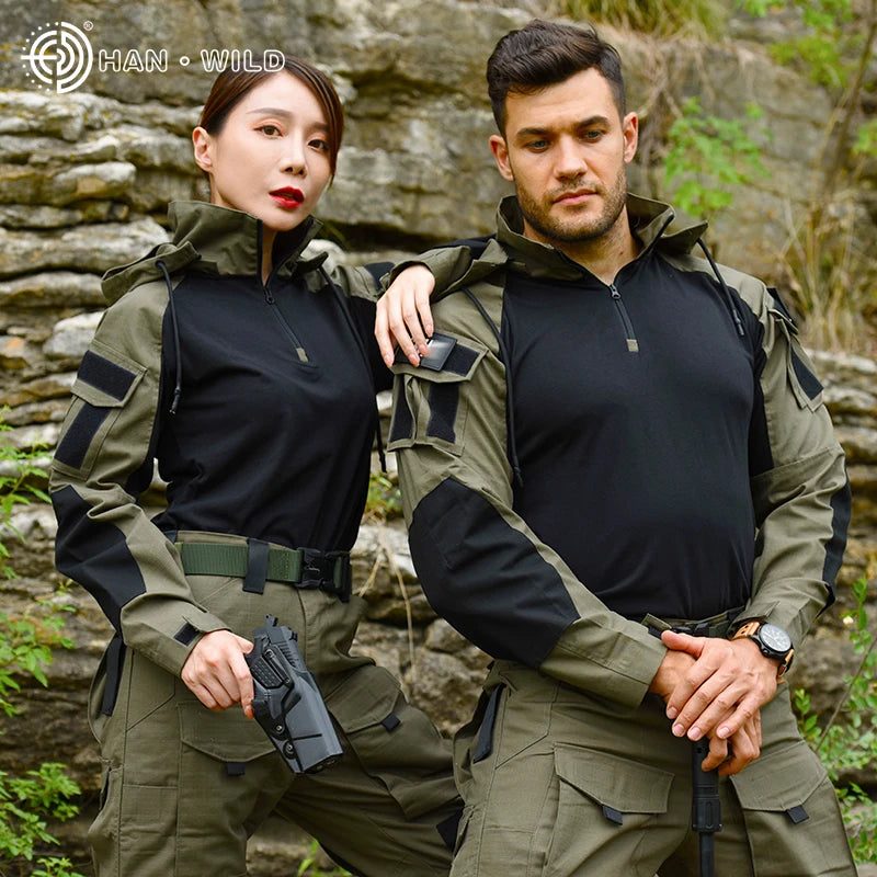 outdoor Shirts Camo Combat T-Shirt Hooded Men Tactical Shirt Airsoft Paintball Cotton Hunting Clothing wear-resisting