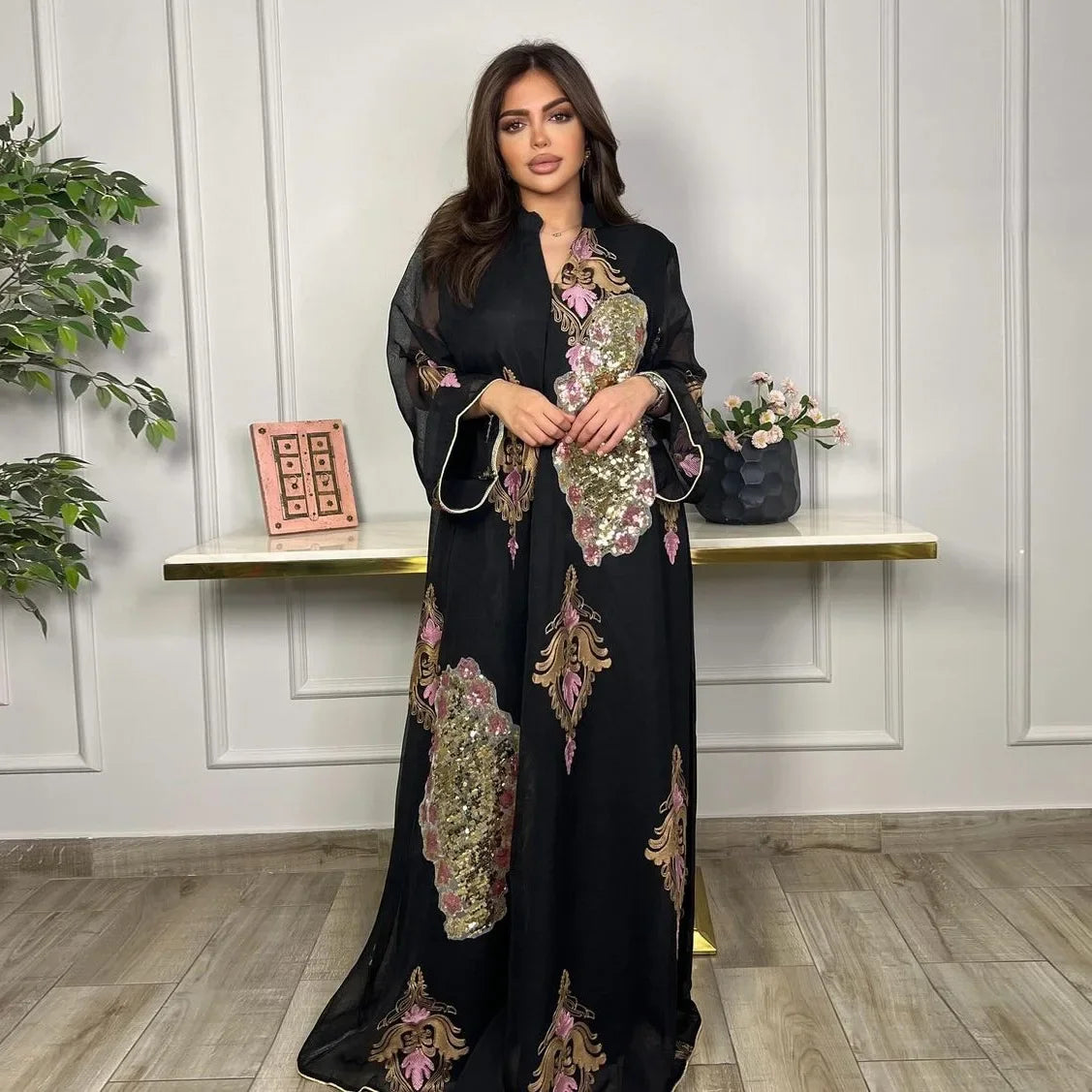 Mesh Sequins Embroidered Abaya Dress for Women Winter 2024 Middle East Arab Oman Dubai Muslim Moroccan Caftan Party Clothes Eid