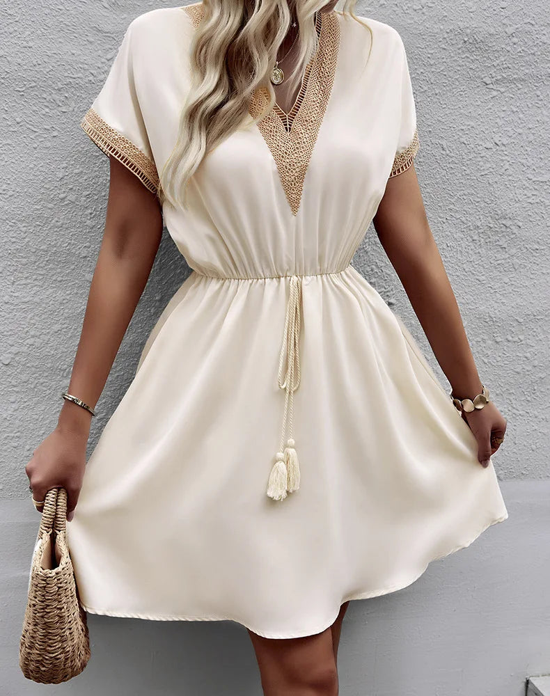 High Quality Dress Women Summer 2024 Casual Hollow Lace Patchwork V-neck Short Dress Tassels Tied Waist Belt Vintage Vestido Y2k