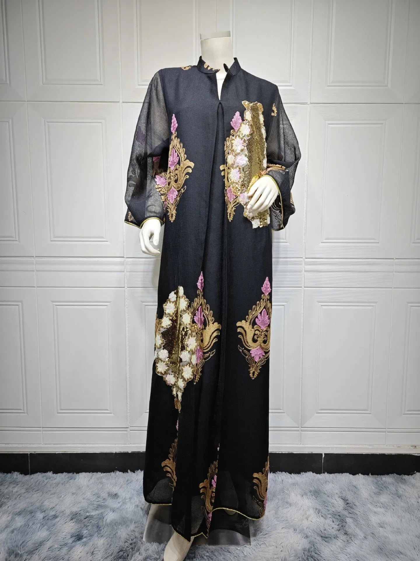 Mesh Sequins Embroidered Abaya Dress for Women Winter 2024 Middle East Arab Oman Dubai Muslim Moroccan Caftan Party Clothes Eid