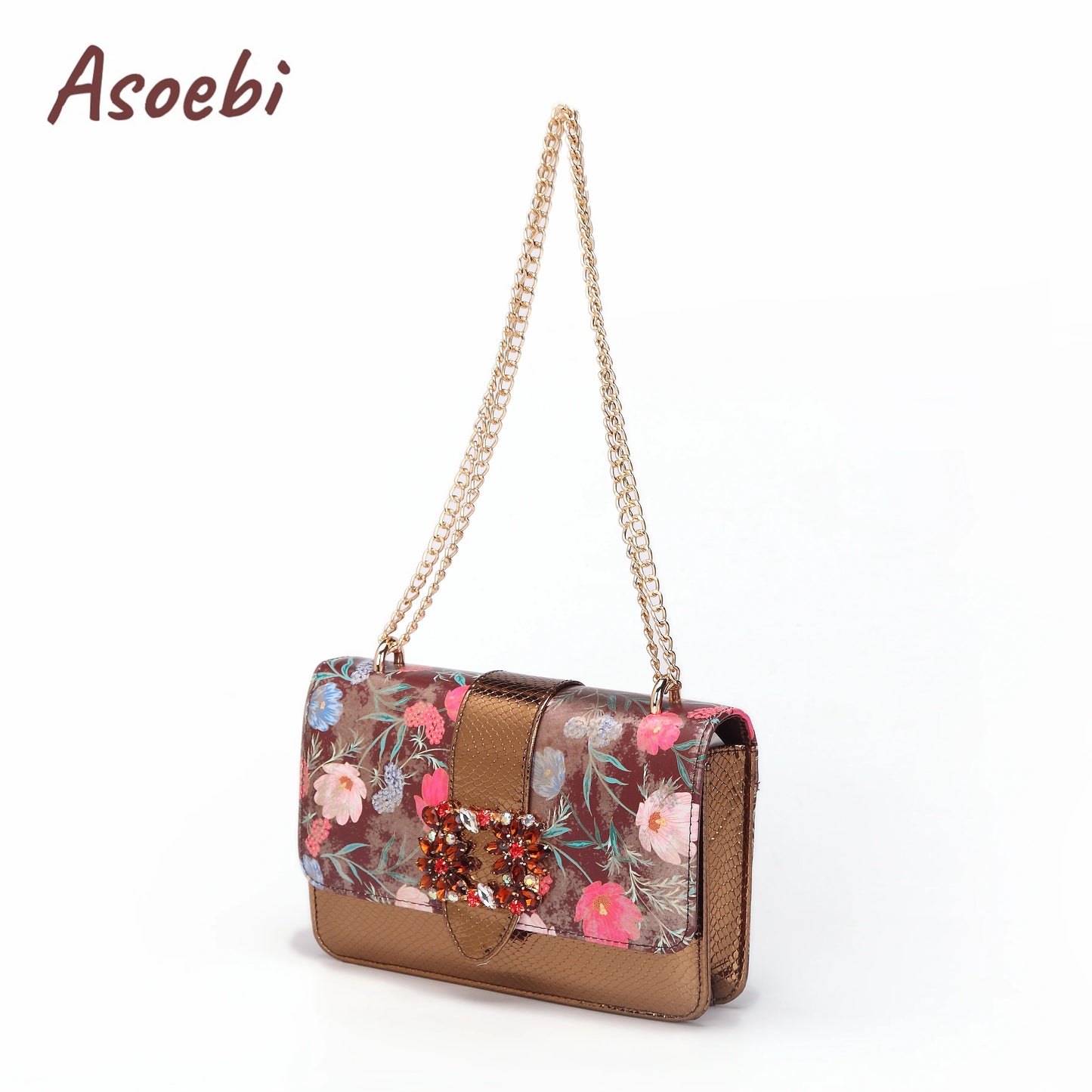 Women High Heels Sandals Printing Flower Material with Rhinestone Italian Design Coffee Color Pointed Toe Shoes and Bags Set