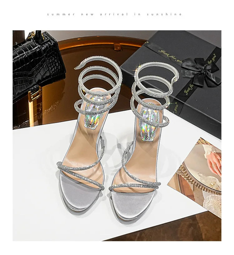 Summer new round toe waterproof table snake-shaped rhinestone women's shoes thin high-heeled banquet dress versatile sexy sandal