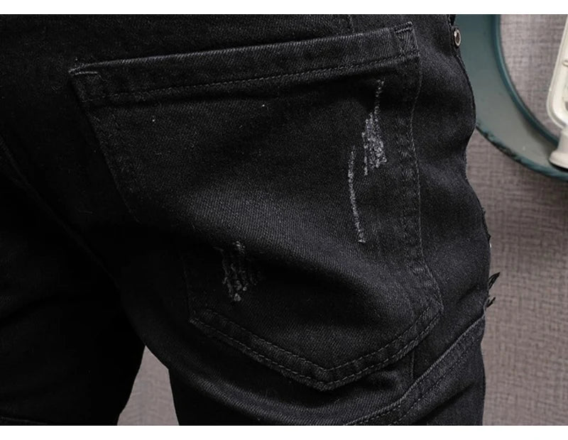 Streetwear Fashion Men Jeans Black Color Stretch Elastic Slim Fit Painted Ripped Jeans Men Patch Designer Hip Hop Pants Hombre