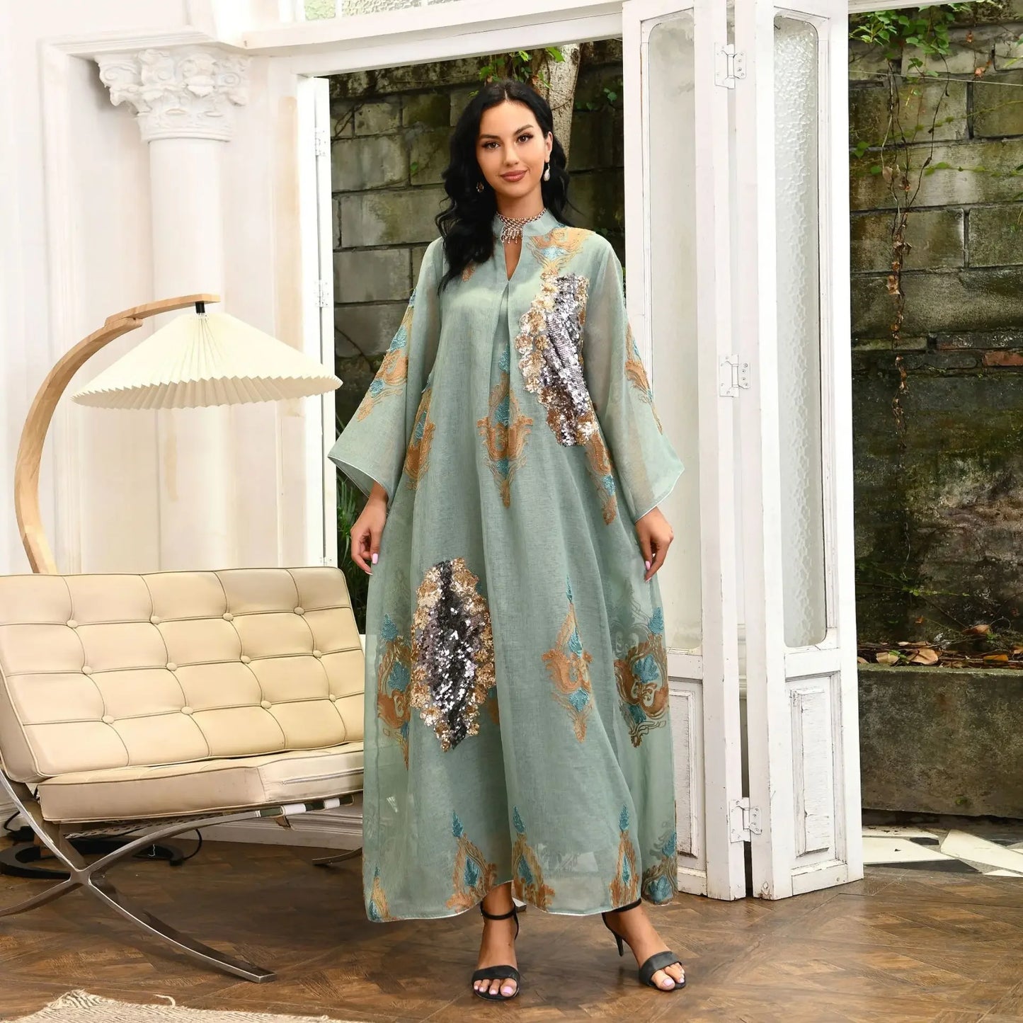 Mesh Sequins Embroidered Abaya Dress for Women Winter 2024 Middle East Arab Oman Dubai Muslim Moroccan Caftan Party Clothes Eid