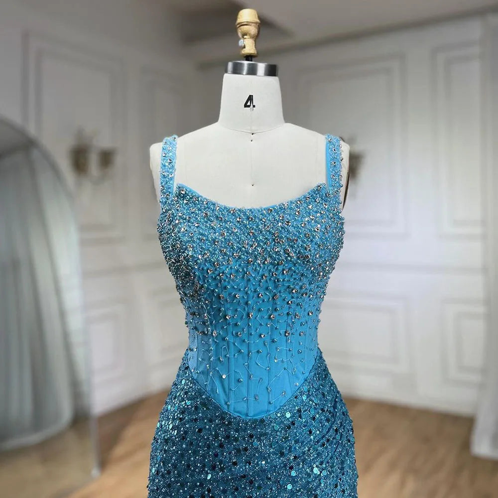 Serene Hill Beige Mermaid Floor Length Evening Gowns Luxury Beaded Crystal Spaghetti Strap Party Drsses For Women 2024 LA72163