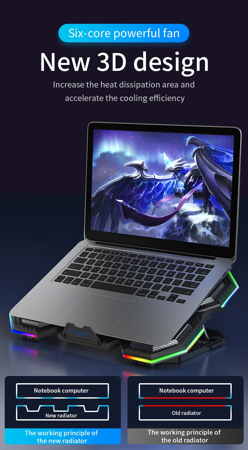 Laptop Cooler Cooling Pad 6 Fans Rgb Laptop Cooling Stand Cooler Radiator Base Notebook Holder with LED Phone Expansion Holder