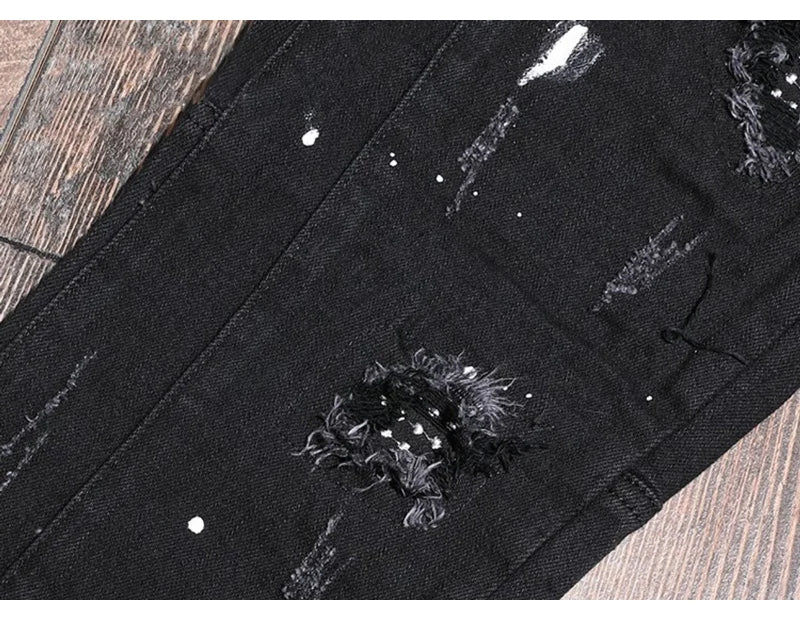 Streetwear Fashion Men Jeans Black Color Stretch Elastic Slim Fit Painted Ripped Jeans Men Patch Designer Hip Hop Pants Hombre