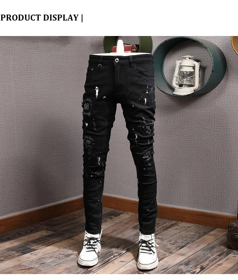Streetwear Fashion Men Jeans Black Color Stretch Elastic Slim Fit Painted Ripped Jeans Men Patch Designer Hip Hop Pants Hombre