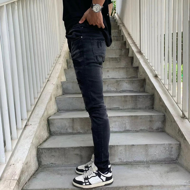 Designer High Street Fashion Men's Retro Black Jeans Stretch Slimming Ripple Jeans Men's Hip Hop Brand Pants Hombre
