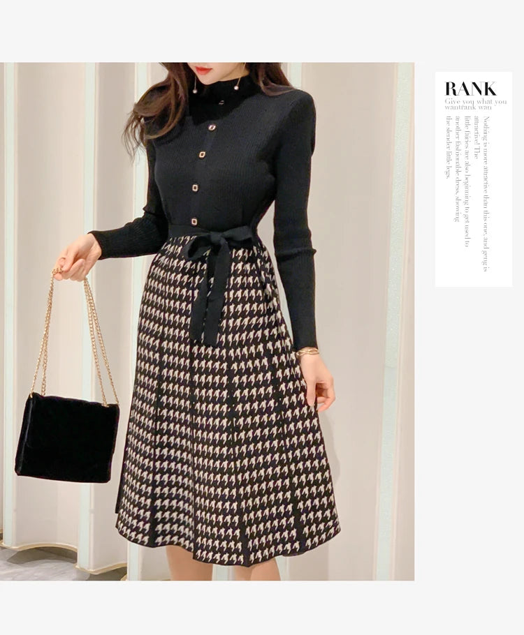 Korean Elegant Knitted Plaid Patchwork Midi Dress for Women Long Sleeve O-neck Bird Lattice Bow Pleated Dress Autumn Winter 2023