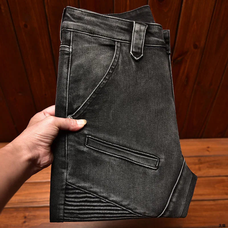 Motorcycle Jeans Black and Gray for Men 2024 Fashion Rock Skinny Pants Personality Stitching Vintage Men's Skinny Trousers