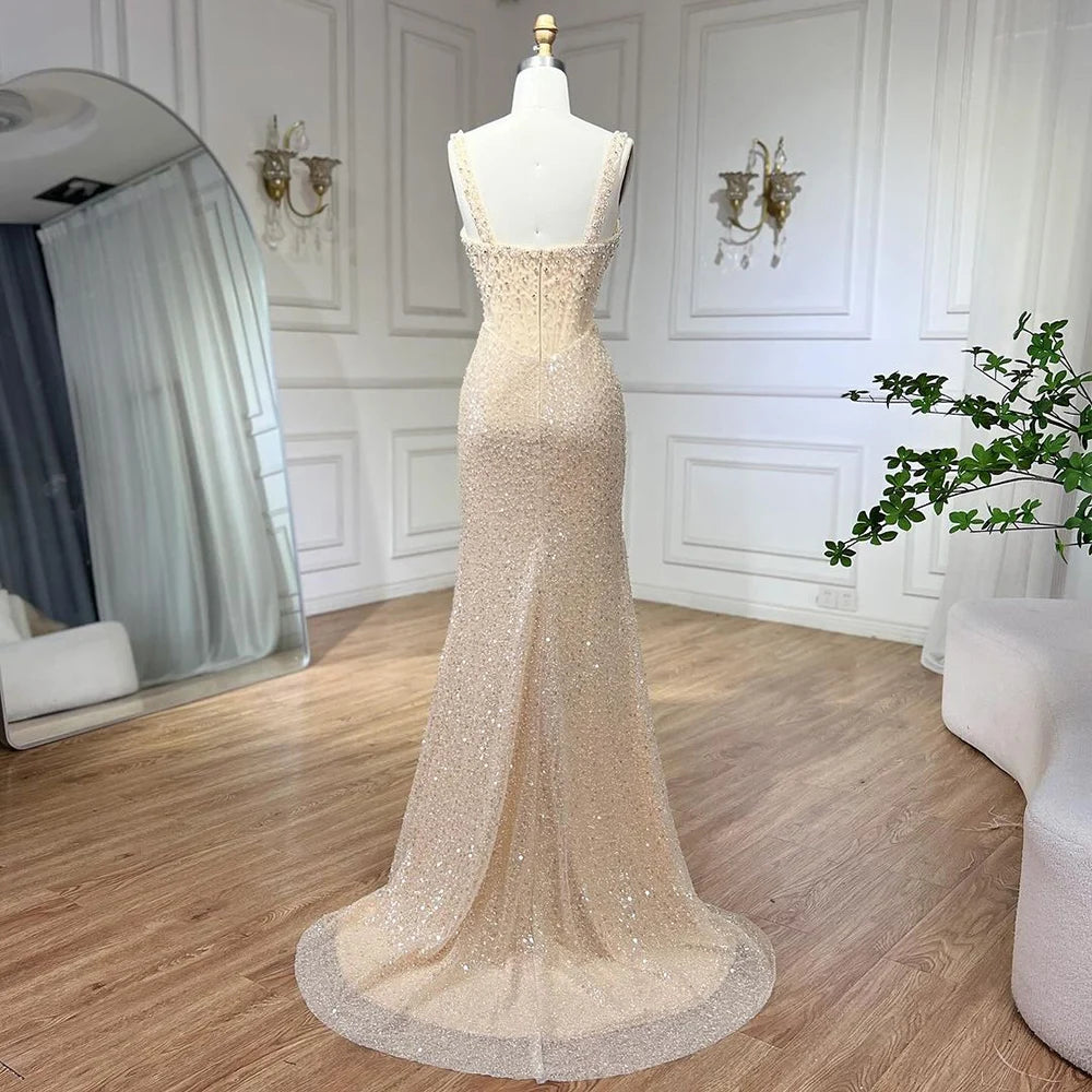 Serene Hill Beige Mermaid Floor Length Evening Gowns Luxury Beaded Crystal Spaghetti Strap Party Drsses For Women 2024 LA72163