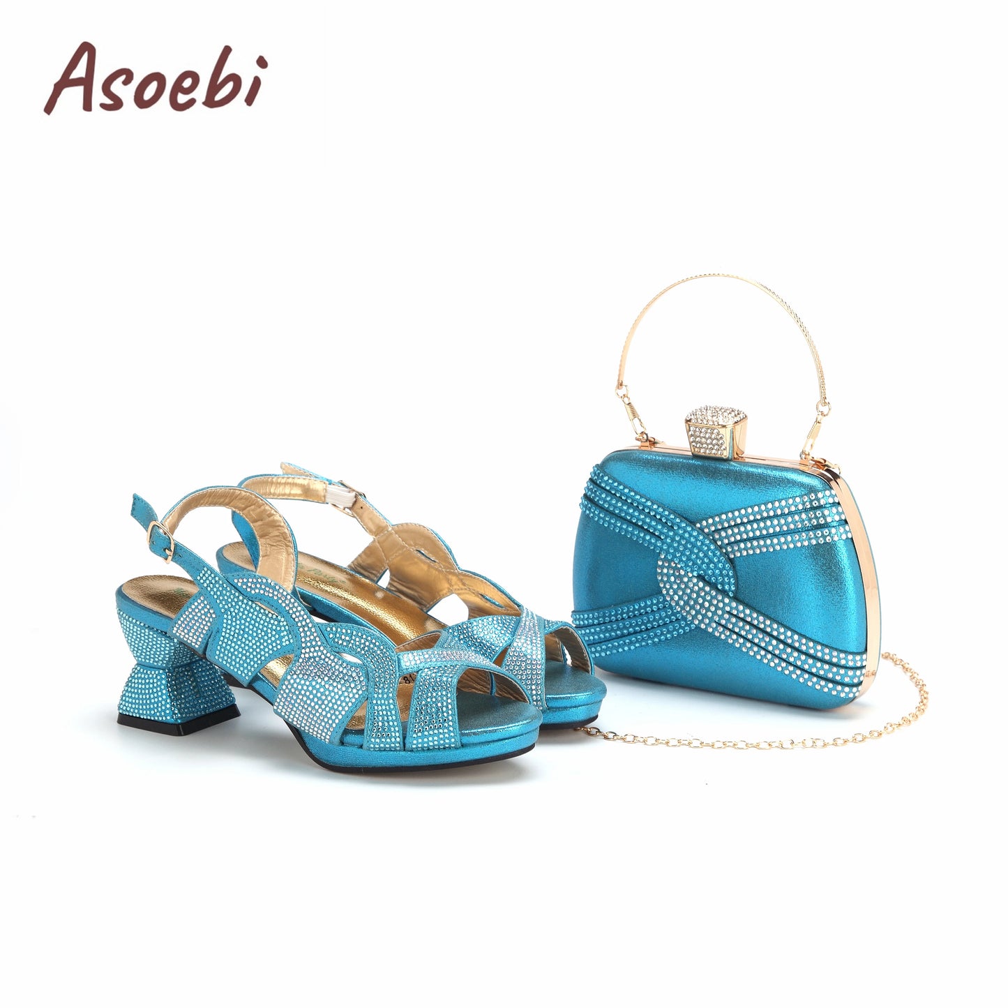 Black Color Sandals for Women 2024 Luxury Comfortable Pumps Low Heels Rhinestone Design Wedding Party Shoes and Bags Set