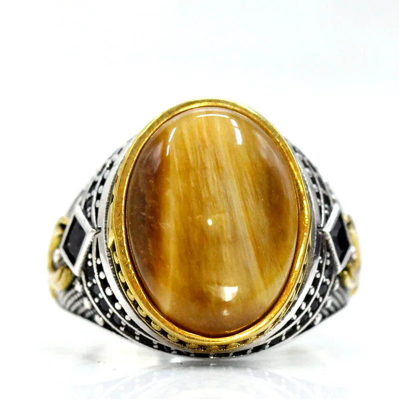 S925 Sterling Silver Natural Gold Tiger Eye Türkiye Men's Handmade Ring Religious Muslim Islamic Women Christmas Jewelry Gift