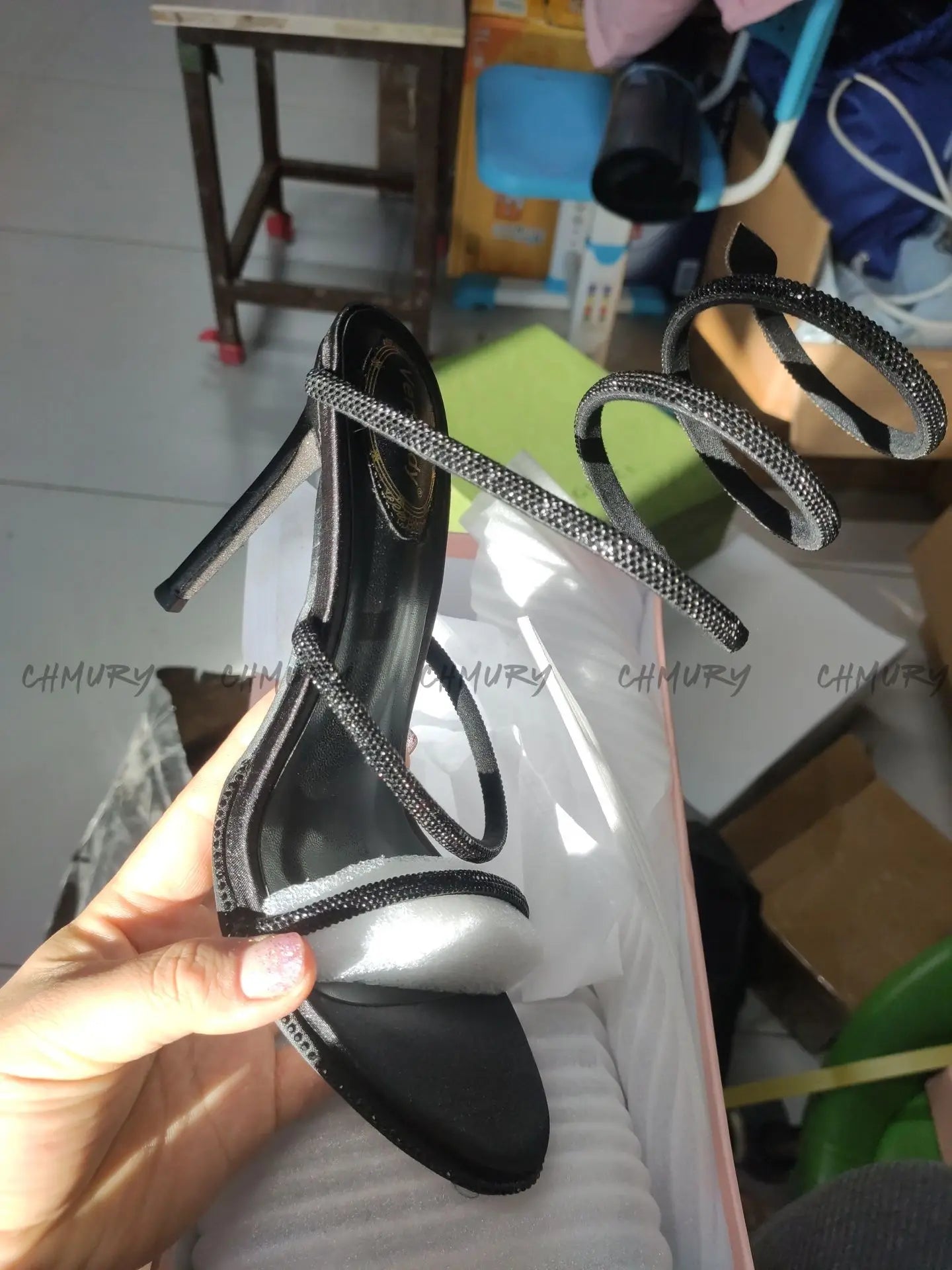 CHMURY Snake Wrapped Sandals Women's Summer Fashion 2024 New Black Sexy Rhinestone Glitter Craystal Thin Heel High Heels