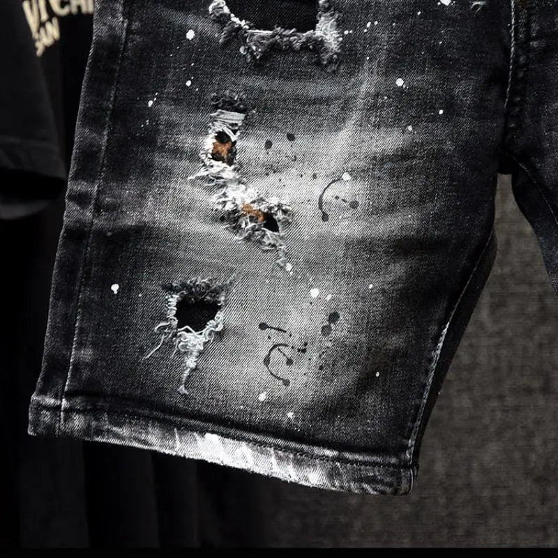 Luxury Brand Designer Clothes Men's Casual Denim Knee-Length Shorts Summer 2024 Fashion Black Patches Paint Jeans Shorts Men