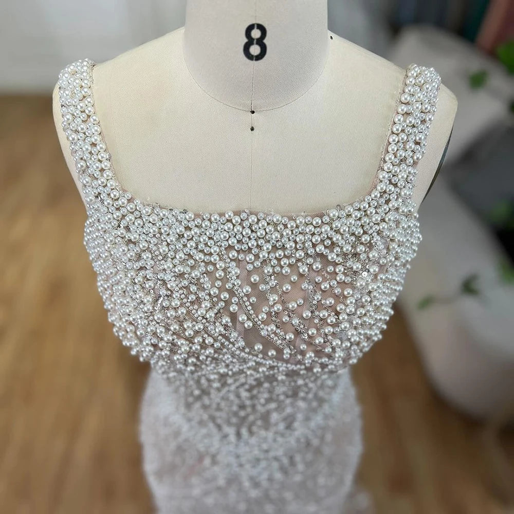 Serene Hill White Nude Spaghetti Strap Mermaid Evening Dresses Gowns Luxury Pearls Beaded For Women Wedding Party 2024 LA72266