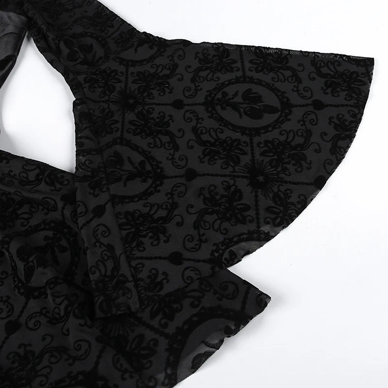 InsGoth Gothic Long Sleeve Ruffle Mini Dress Women's Vintage V Neck Velvet Stretchy Bodycon Cocktail Dresses Victorian Blouse