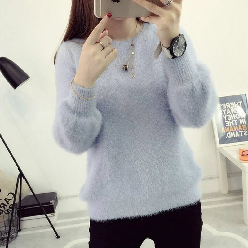 Winter Imitate Mink Wool Hot Flecing Long Puff Sleeve Female O-neck Elastic Casual Sweater Women Knitted Tops Pullovers Solid