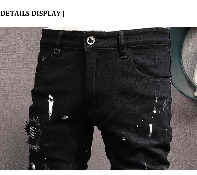 Streetwear Fashion Men Jeans Black Color Stretch Elastic Slim Fit Painted Ripped Jeans Men Patch Designer Hip Hop Pants Hombre