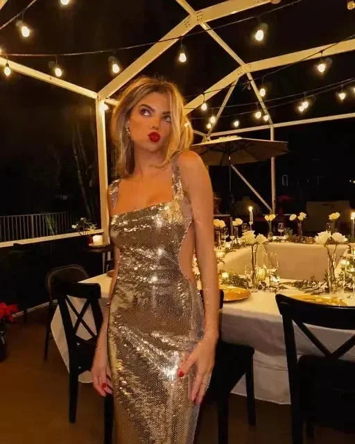 Meshkis Sexy Sling Backless Silvery Maxi Dresses For Women Club Shiny Dress Glittering Sleeveless Robes Evening Party Vestidos