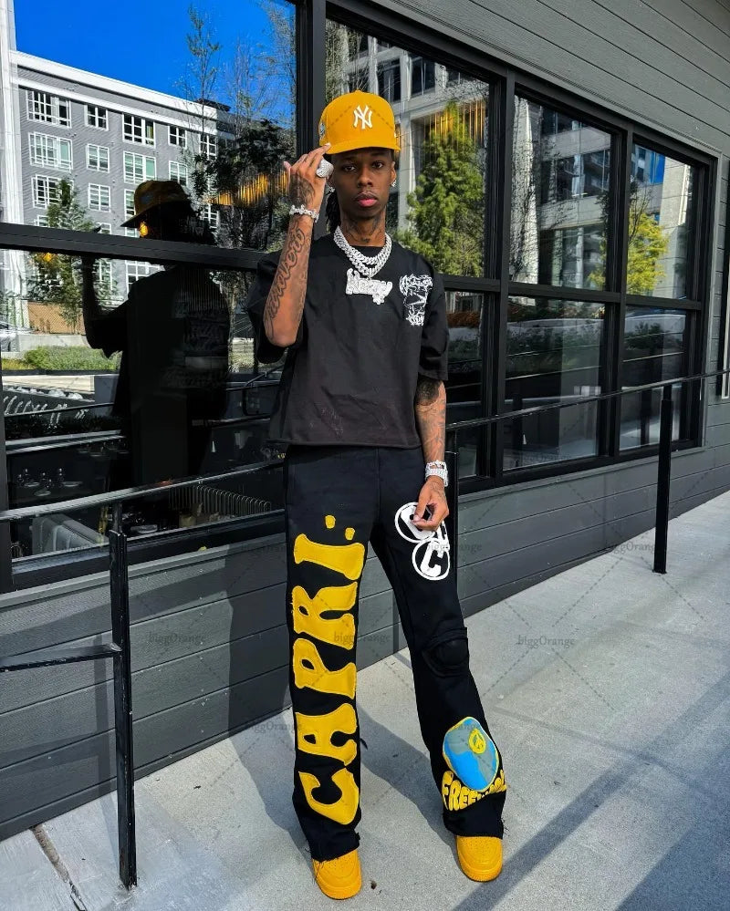 American Street Hip-hop Embroidered Wide-leg Pants Men High Street Fashion Brand Floor-length Pants Loose Casual Knitted Pants