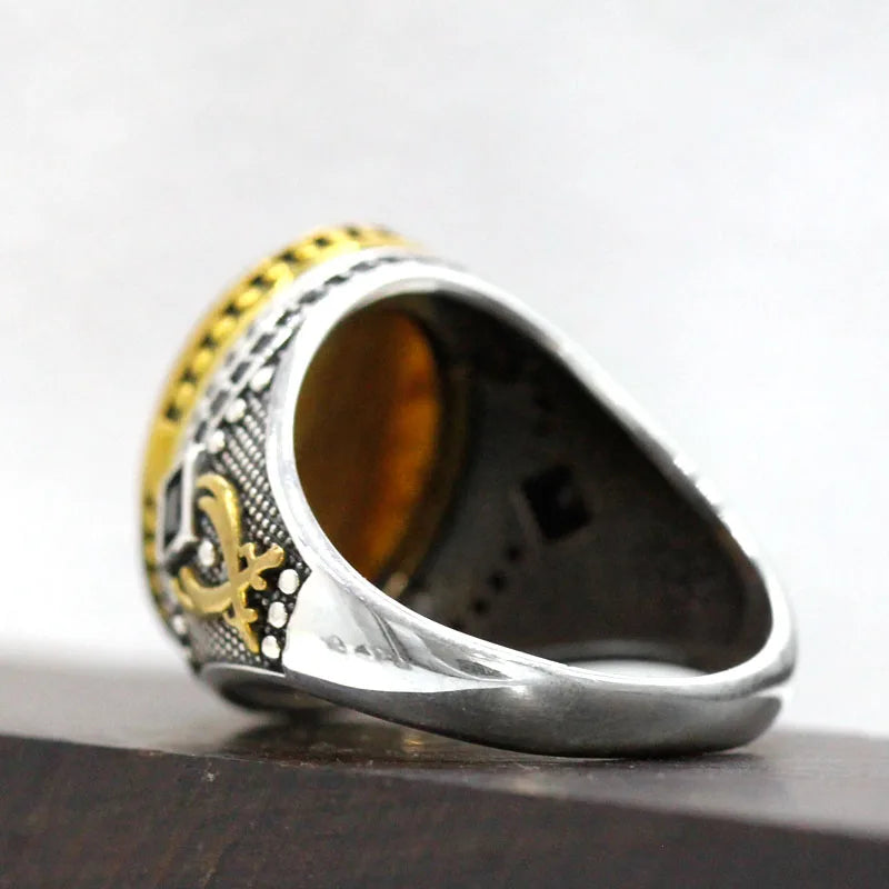 S925 Sterling Silver Natural Gold Tiger Eye Türkiye Men's Handmade Ring Religious Muslim Islamic Women Christmas Jewelry Gift
