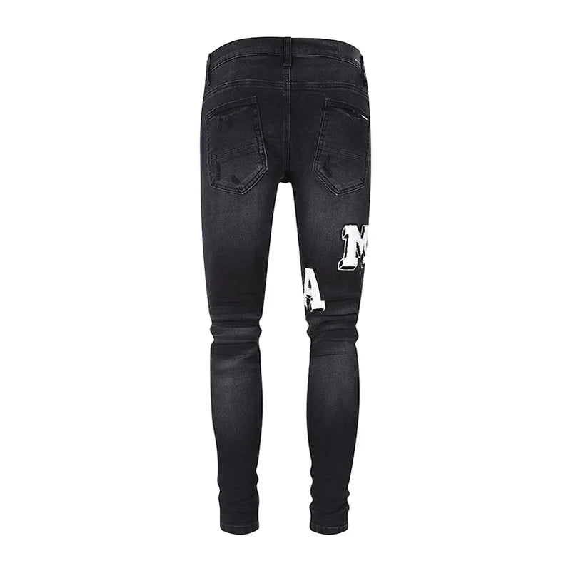 Designer High Street Fashion Men's Retro Black Jeans Stretch Slimming Ripple Jeans Men's Hip Hop Brand Pants Hombre