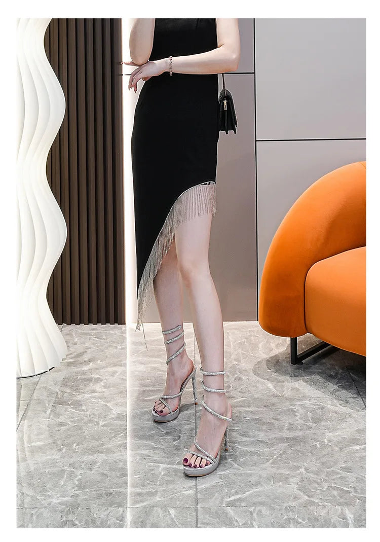 Summer new round toe waterproof table snake-shaped rhinestone women's shoes thin high-heeled banquet dress versatile sexy sandal