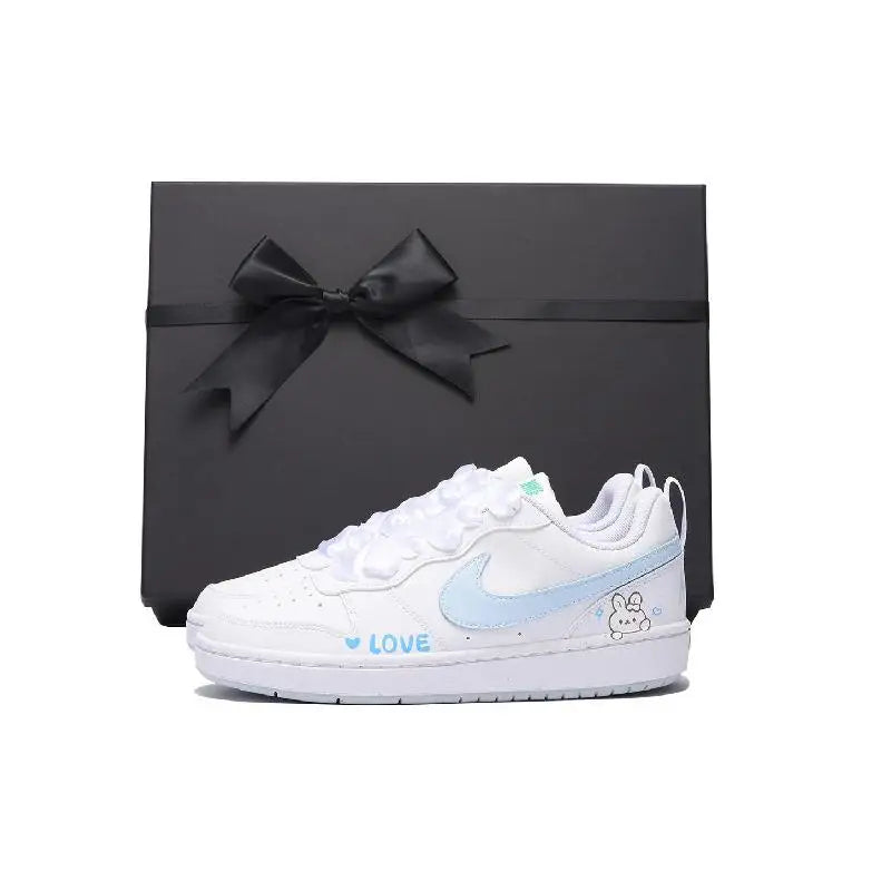 【Customize】Nike Court Borough Skateboarding Shoes Women's Low-top White/Blue Sneakers shoes DV5456-109