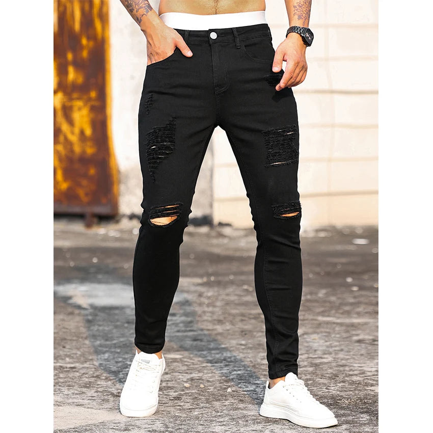 Fashion Men's Street Ripped Jeans Pure Black Stretch Tight Small Foot Pencil Pants Boyfriend Club Clothing Denim Ropa Hombre