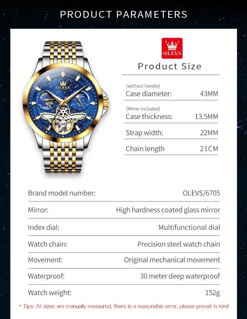 OLEVS Luxury Brand Men's Watches Luminous Waterproof Fully Automatic Mechanical Watch Starry Sky Dial Moon Phase Hollow Out
