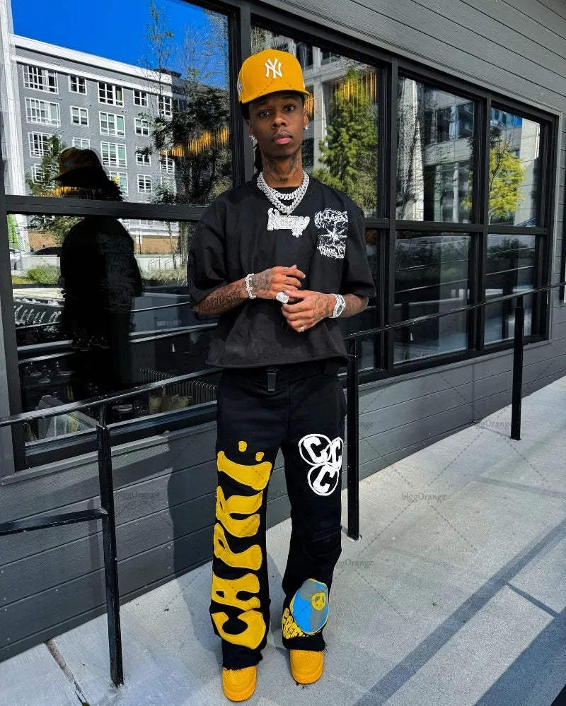 American Street Hip-hop Embroidered Wide-leg Pants Men High Street Fashion Brand Floor-length Pants Loose Casual Knitted Pants
