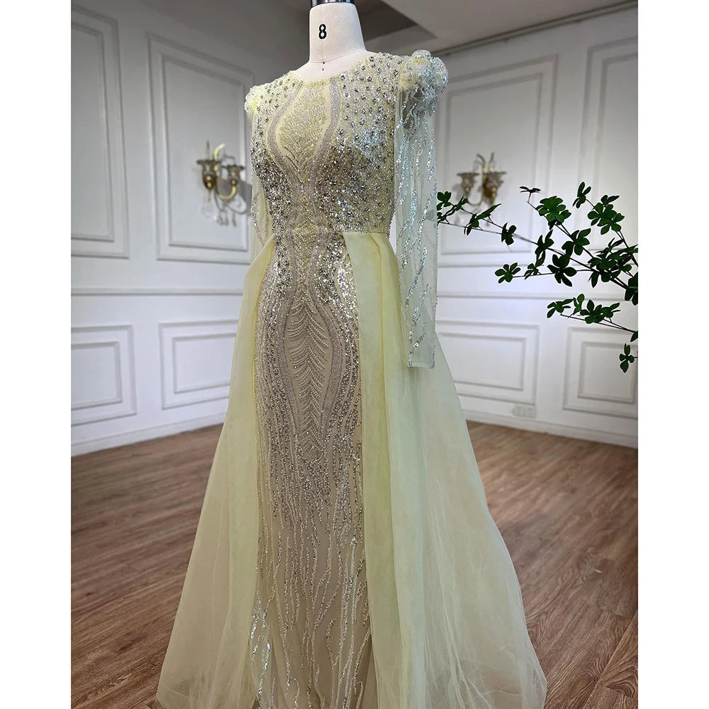Serene Hill Muslim Blue Mermaid Over Skirt Evening Dresses Beads Puff Shoulder Prom Formal Gowns 2024 For Women Party LA72030
