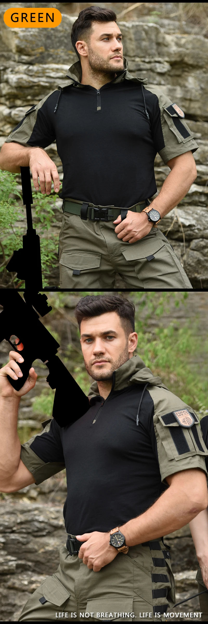 HAN WILD Cotton Shirts Tactical Shirt for Men Combat T-shirt Wear Resistant Airsoft Camping T-shirts Hooded Hiking Hunt Clothes