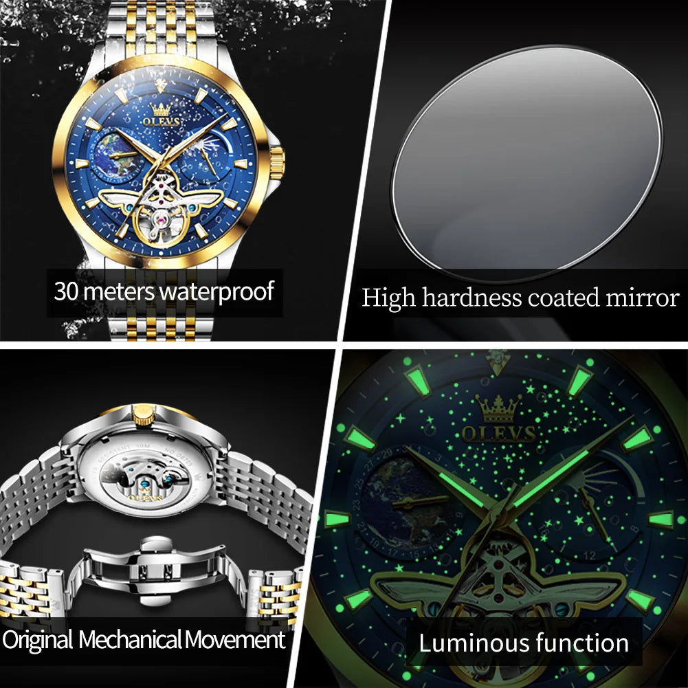 OLEVS Luxury Brand Men's Watches Luminous Waterproof Fully Automatic Mechanical Watch Starry Sky Dial Moon Phase Hollow Out