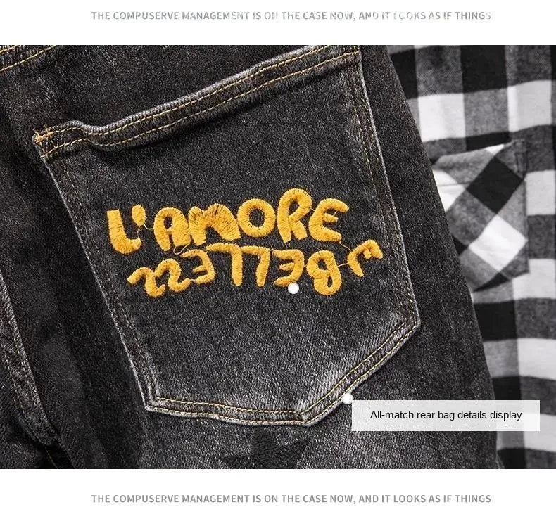 Fashion High-end Korean Luxury Streetwear Punk Casual Slim Fit Denim Jeans for Spring and Autumn with 3D Embroidery Design Jeans