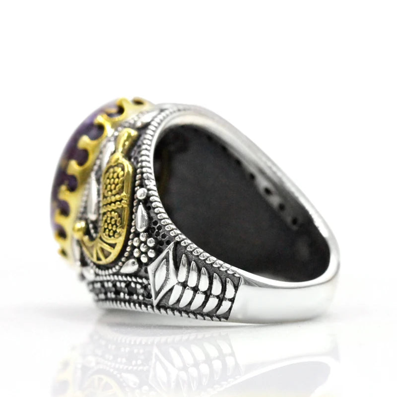 S925 Sterling Silver Oyster Turquoise Türkiye Handmade Men's Ring Muslim Islamic Women Purple Festival Jewelry Gift
