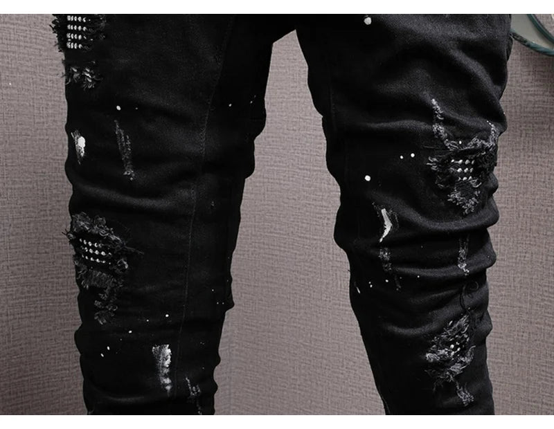 Streetwear Fashion Men Jeans Black Color Stretch Elastic Slim Fit Painted Ripped Jeans Men Patch Designer Hip Hop Pants Hombre