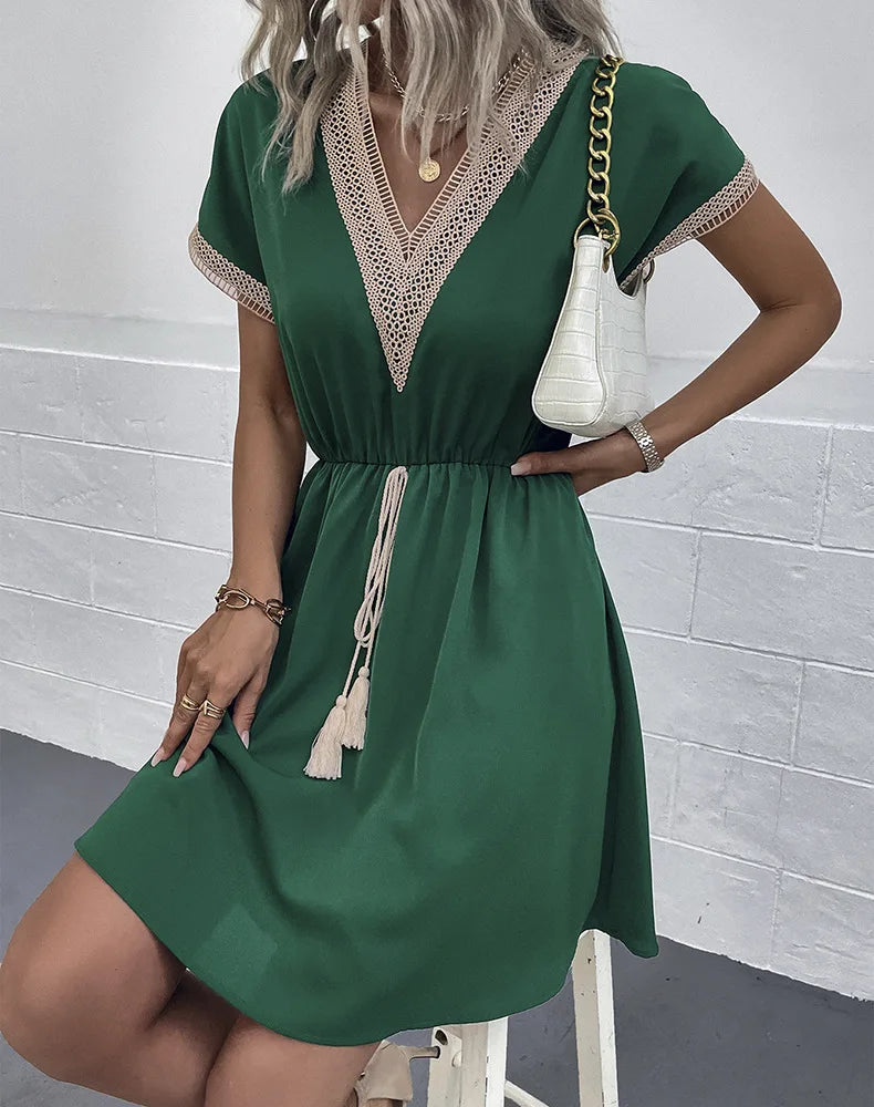 High Quality Dress Women Summer 2024 Casual Hollow Lace Patchwork V-neck Short Dress Tassels Tied Waist Belt Vintage Vestido Y2k