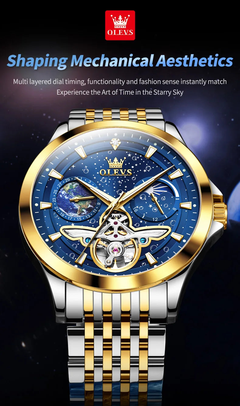 OLEVS Luxury Brand Men's Watches Luminous Waterproof Fully Automatic Mechanical Watch Starry Sky Dial Moon Phase Hollow Out