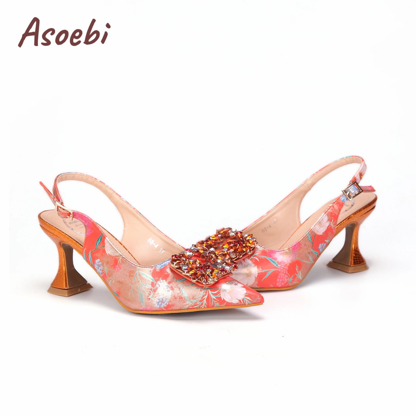 Women High Heels Sandals Printing Flower Material with Rhinestone Italian Design Coffee Color Pointed Toe Shoes and Bags Set