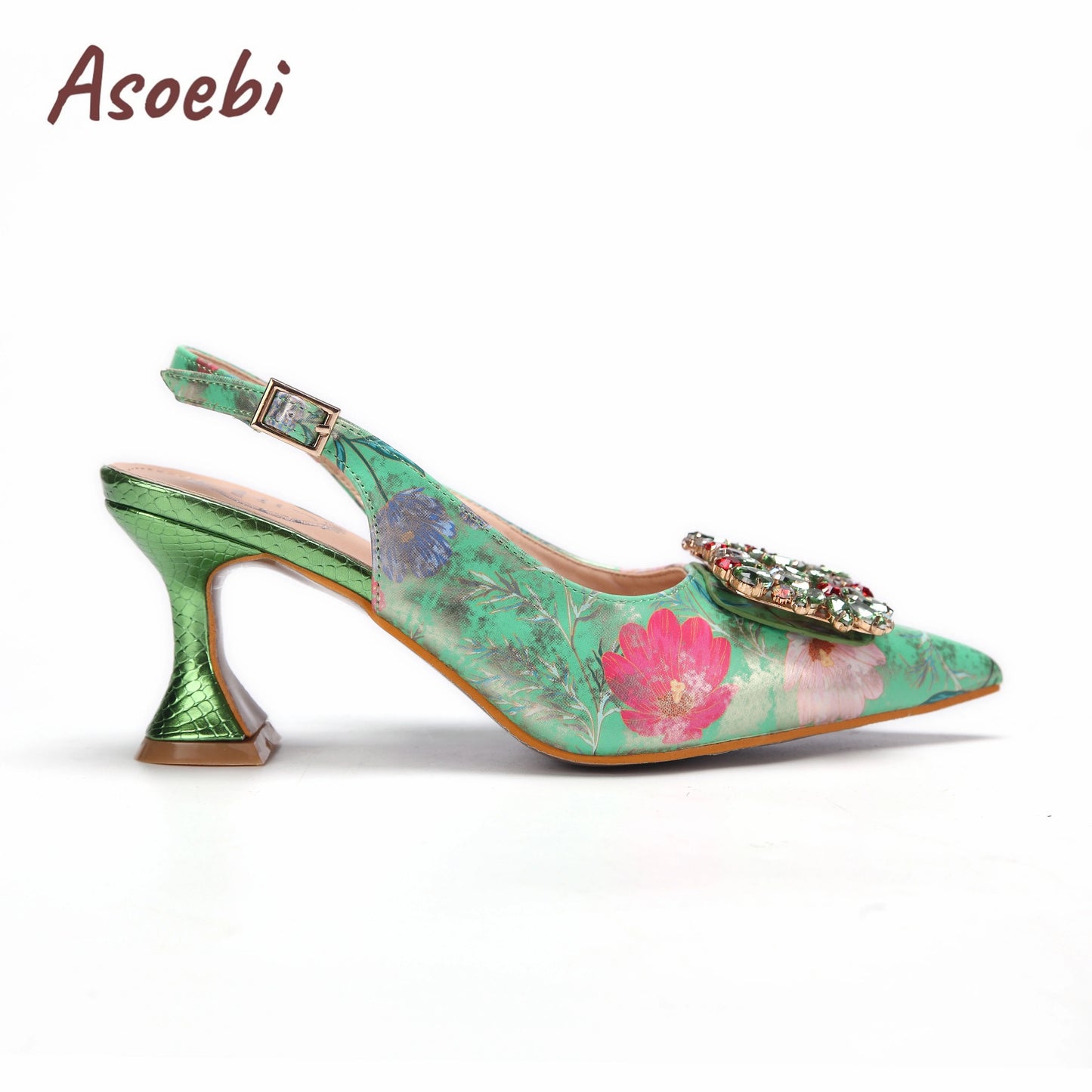 Women High Heels Sandals Printing Flower Material with Rhinestone Italian Design Coffee Color Pointed Toe Shoes and Bags Set
